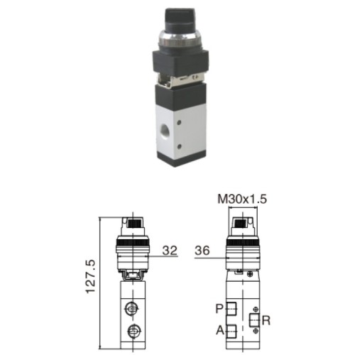 G 1/8 mechaninis 3/2 skirstytuvas su pasukamu juodu mygtuku G 1/8 mechaninis 3/2 skirstytuvas su pasukamu juodu mygtuku